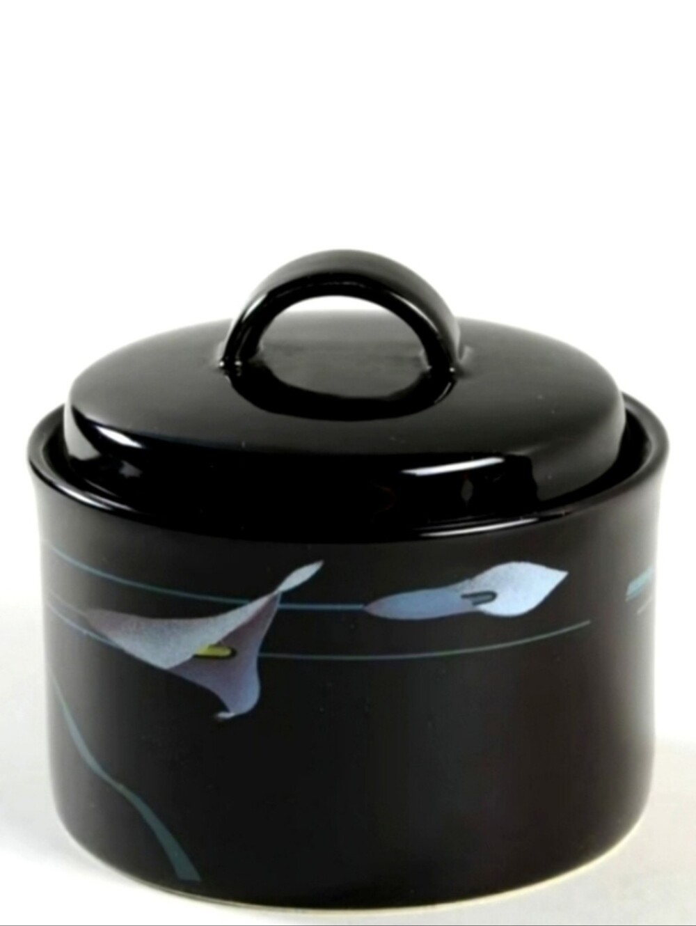 Vintage 80s Goth Mikasa Black Opus Lidded Sugar Bowl Lid Calla Lilies Dip Candy